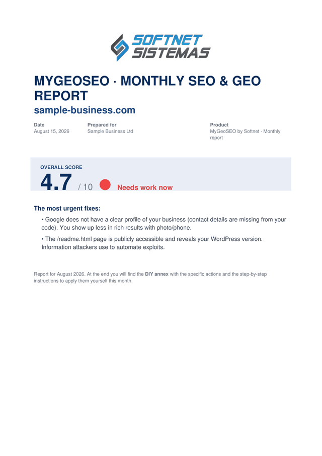 MyGeoSEO report cover: overall score out of 10 and the most urgent issues to fix