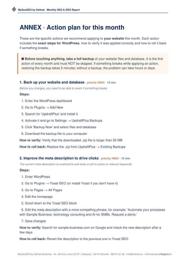 Report annex: monthly action plan with exact steps for your CMS, how to verify and how to revert each action