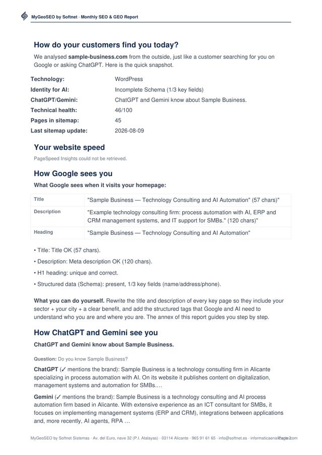 GEO page of the report: real questions asked to ChatGPT and Gemini and whether they mention your business, plus a security check