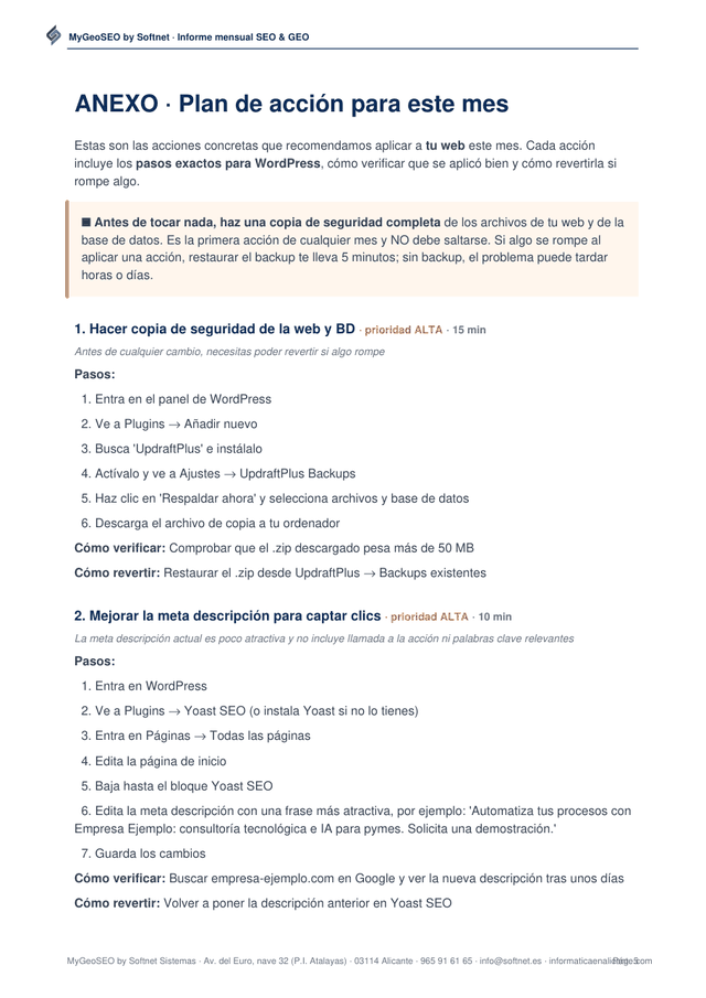 Anexo del informe: plan de acción del mes con pasos exactos para tu gestor de contenidos, cómo verificar y cómo revertir