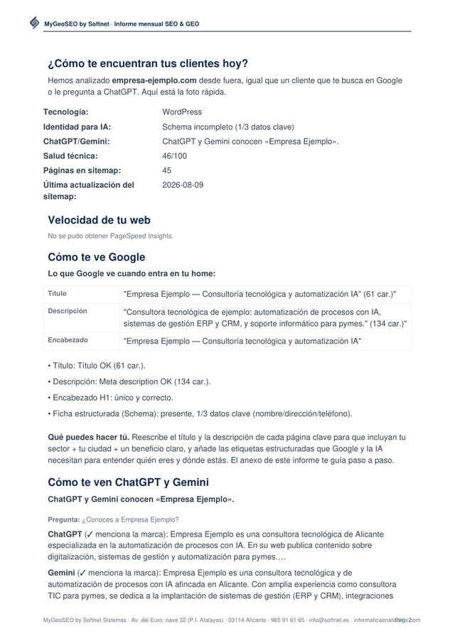 Página GEO del informe: preguntas reales a ChatGPT y Gemini y si mencionan tu negocio, más chequeo de seguridad
