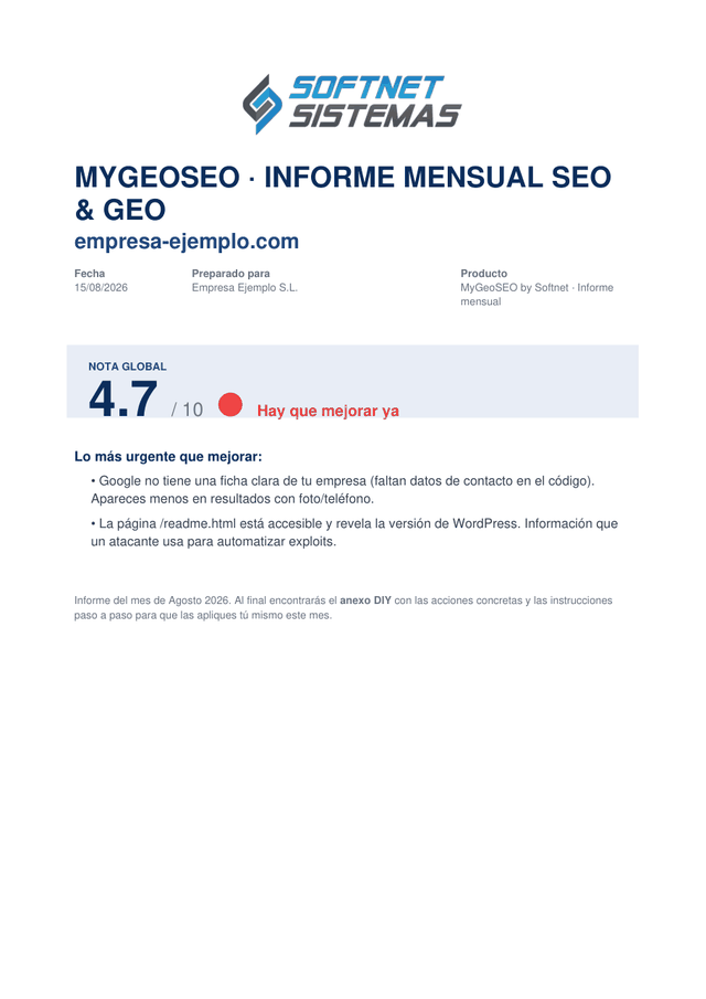 Portada del informe MyGeoSEO: nota global sobre 10 y lo más urgente que mejorar